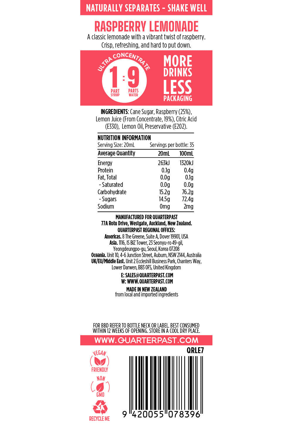 Raspberry Lemonade Cordial 700mL